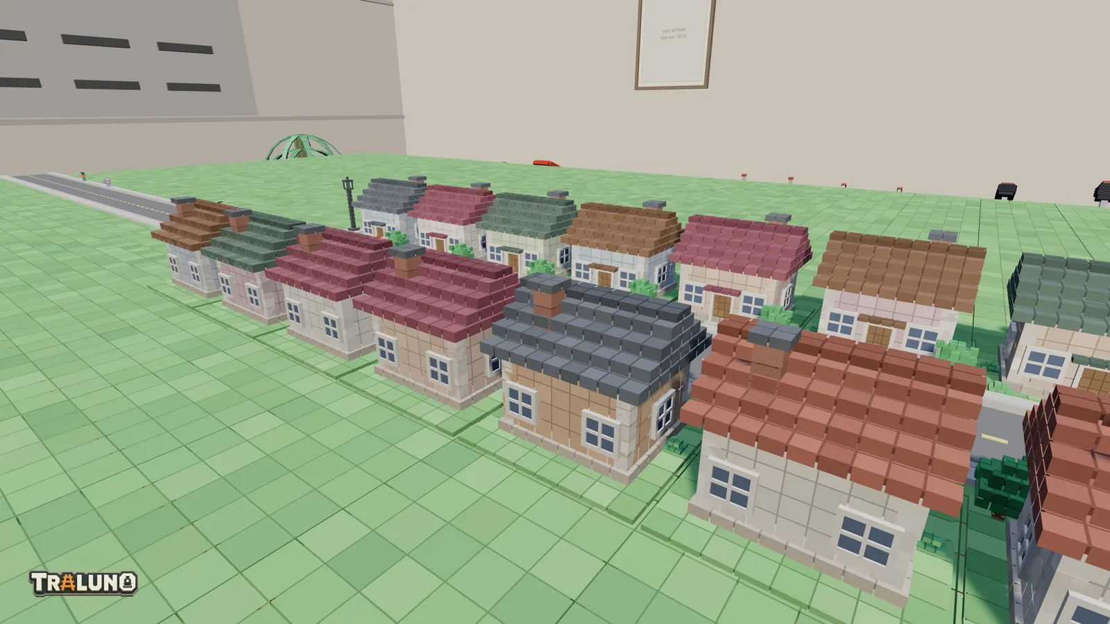 Sixteen copies of the Cottage in two rows facing each other across a street on an otherwise bare table, their roofs in red, rose, brown, green and slate and their walls in pale cream, pink, grey and sand.