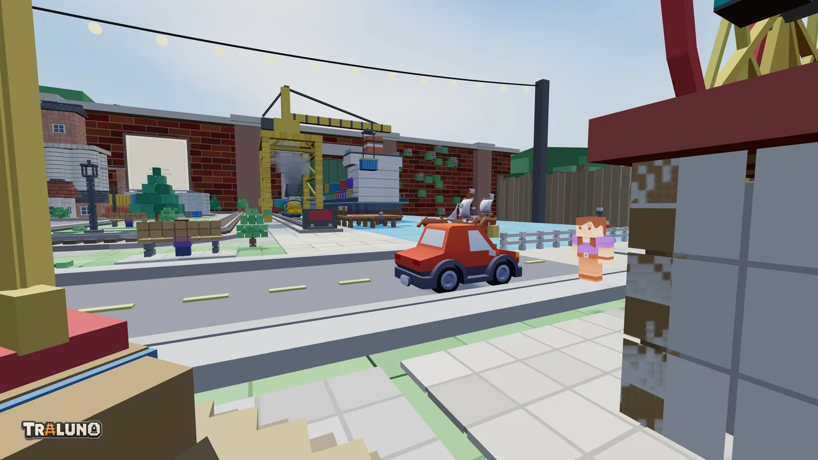 The view from a carousel horse, looking out past one of the ride's poles across a road with a car passing, towards the harbour crane, a ship and the garden wall