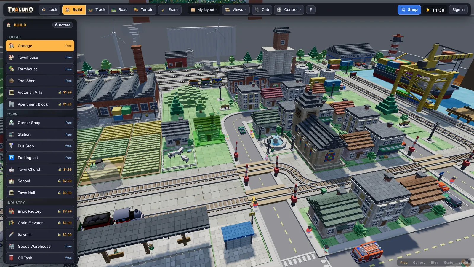 The game in Build mode: the top bar with Build selected, the catalogue of houses and town buildings down the left with free items and locked prices, and a translucent green cottage over an empty cell beside the farm.