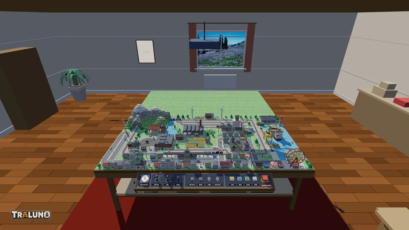 The demo layout on the front table at the control desk, with an empty table added behind it.