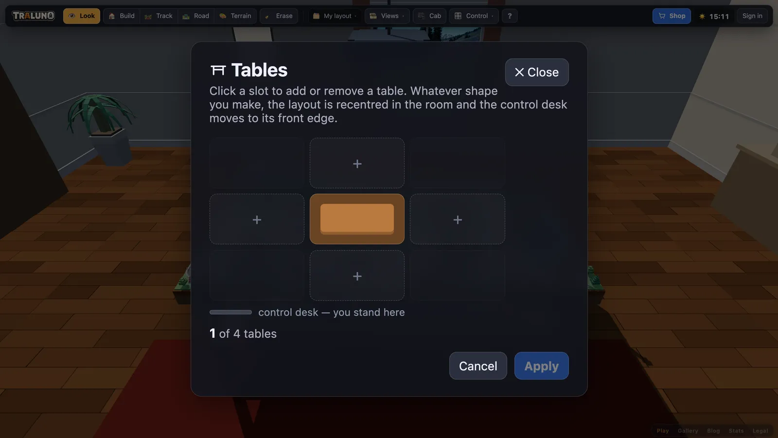 The Tables dialog: one table drawn in the middle of a three by three grid, a plus in each free slot beside it, the corners left blank, and the control desk marked along the bottom.