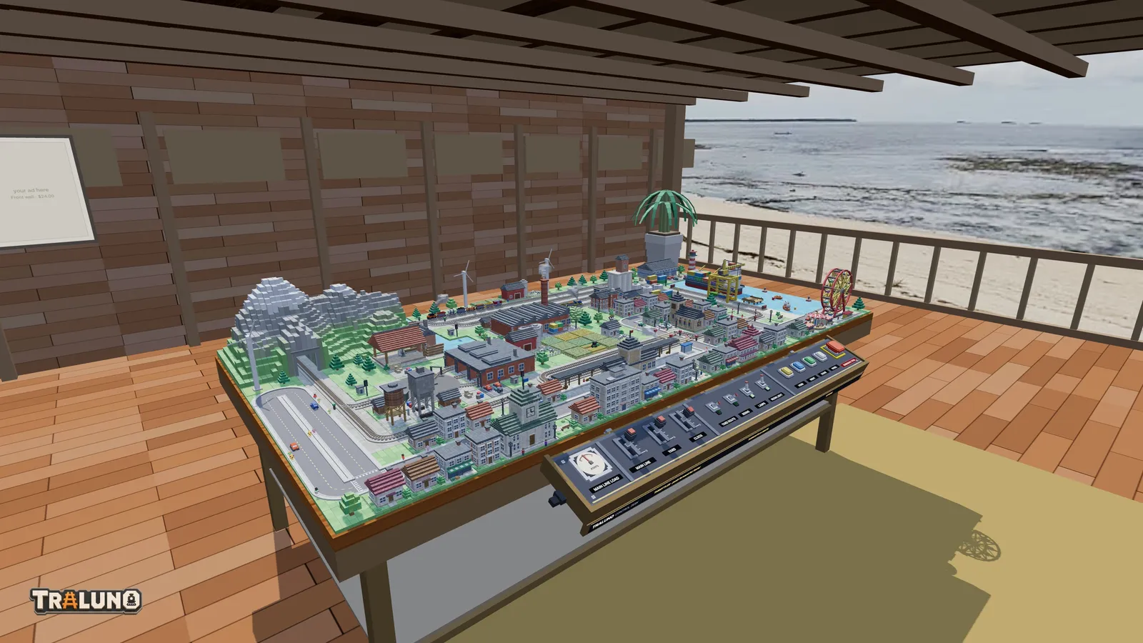 The demo layout in the Bali House: teak floorboards, a timber wall and roof beams, a potted palm, and a low railing along the open side with the beach and the sea beyond.