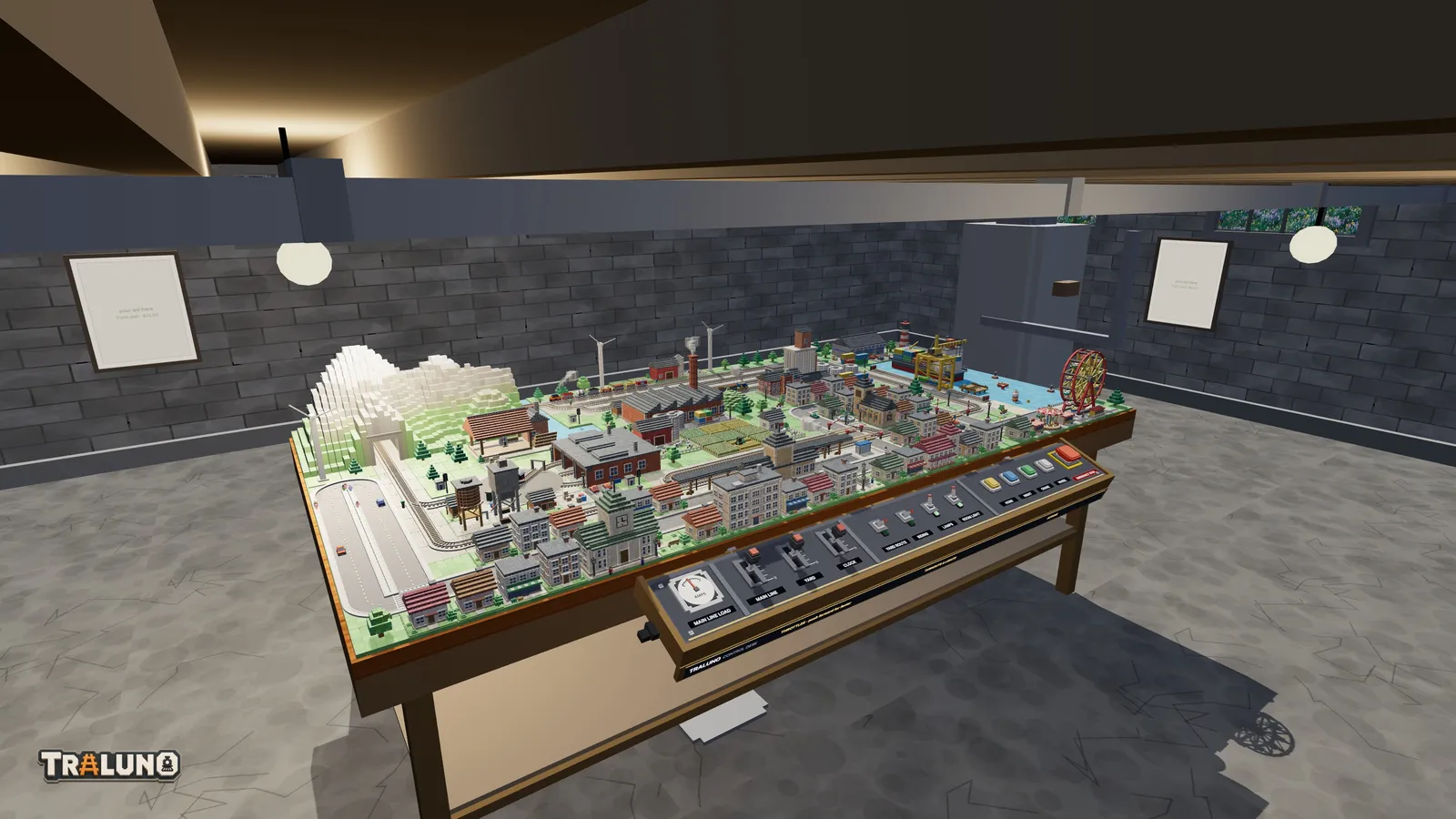 The demo layout in the Cellar: grey block walls, a low ceiling with a heavy beam and pipes, two bare bulbs hanging on cords, the boiler in the far corner, light wells high on the wall and a stained concrete floor.