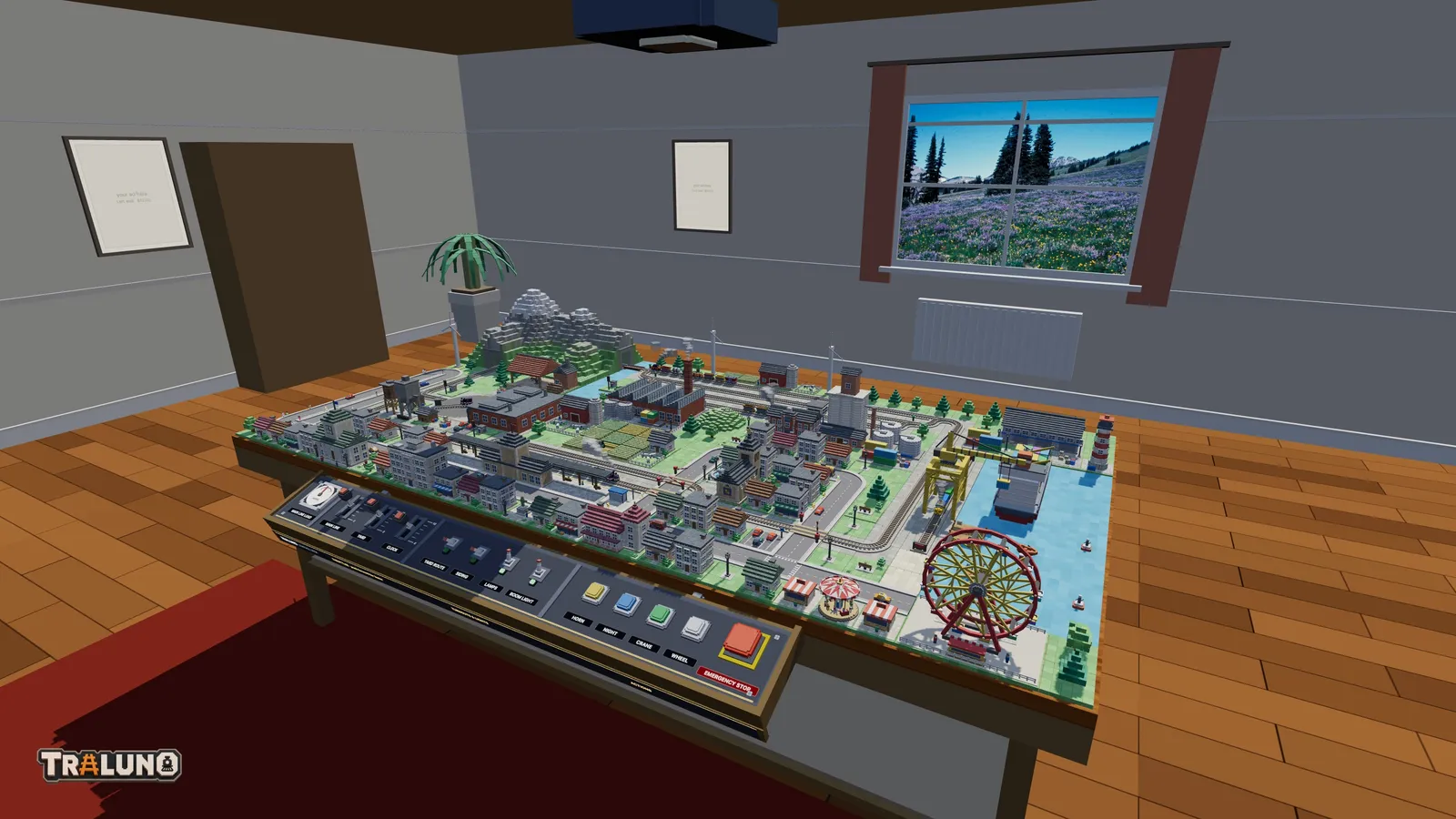 The demo layout on its table in the Hobby Room: a plank floor and a red rug, a window with curtains looking out on a mountain meadow, a radiator under it, a door, a palm in a pot and a lamp hanging over the table.