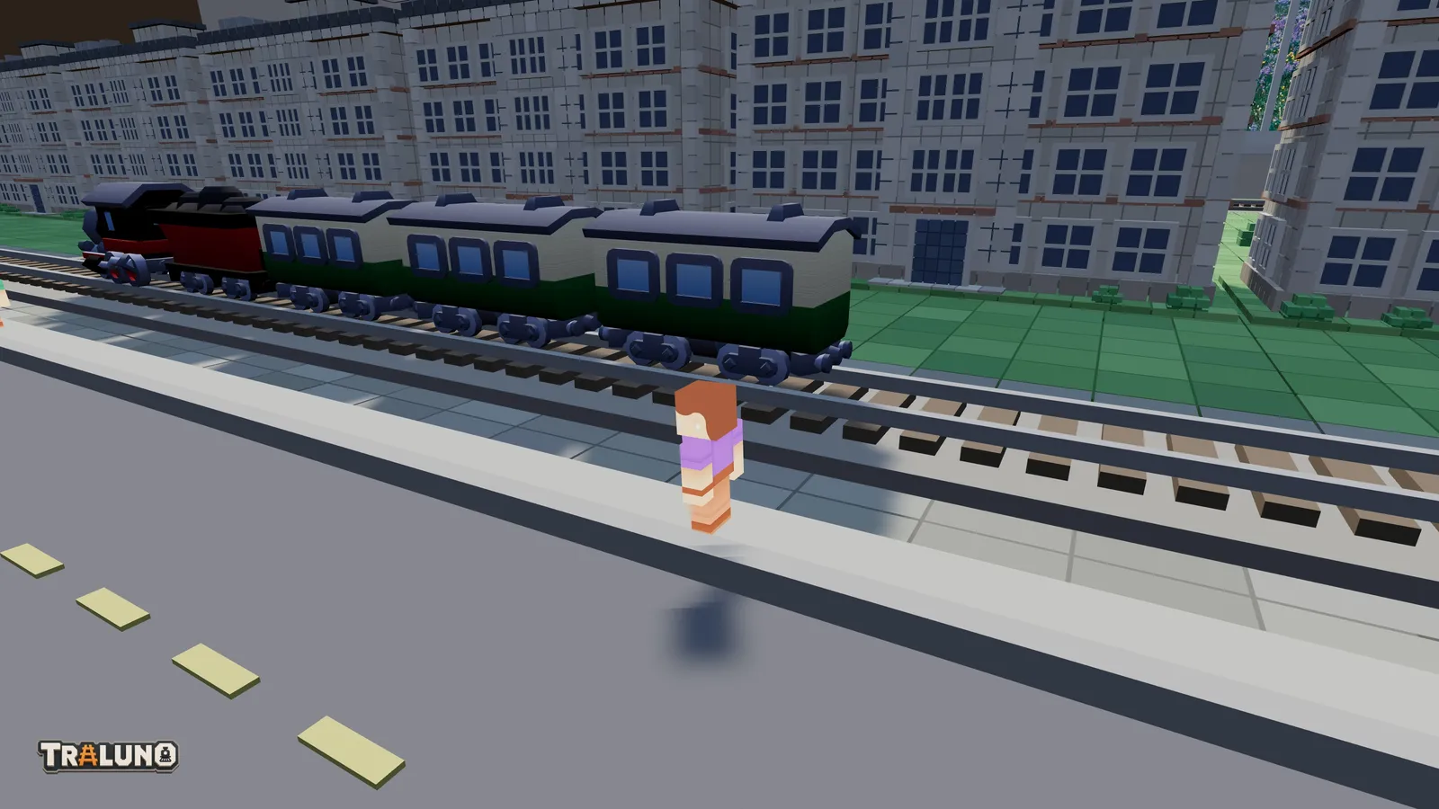 A pedestrian standing on a footway beside the track, with the coaches of the Steam Express on the rails behind and blocks of flats beyond.
