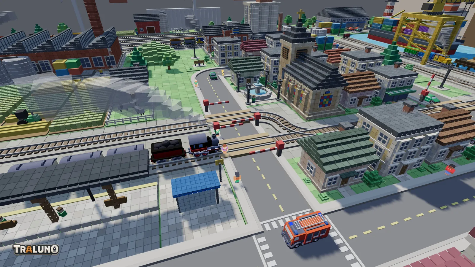 A black steam locomotive and its tender on a level crossing with the red and white booms down across the street, a red fire engine at the junction in the foreground, and the church and houses of the town behind.