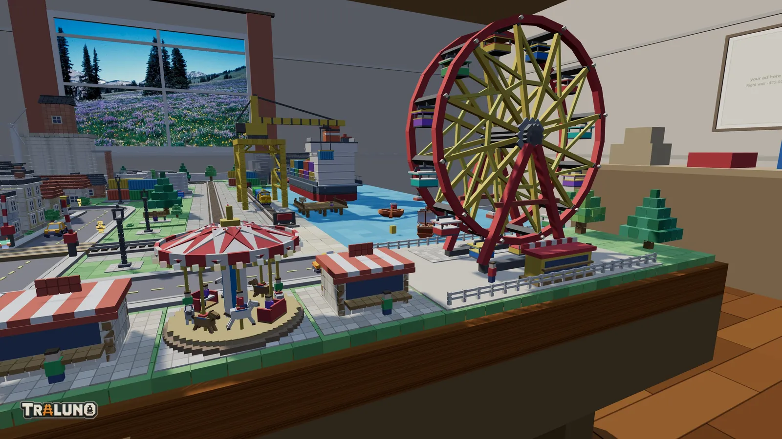 The fair in the front corner of the table by day: two striped booths, a carousel with a red and white canopy and wooden horses, and a red and yellow ferris wheel behind a low fence, with the harbour, its crane and a cargo ship beyond.