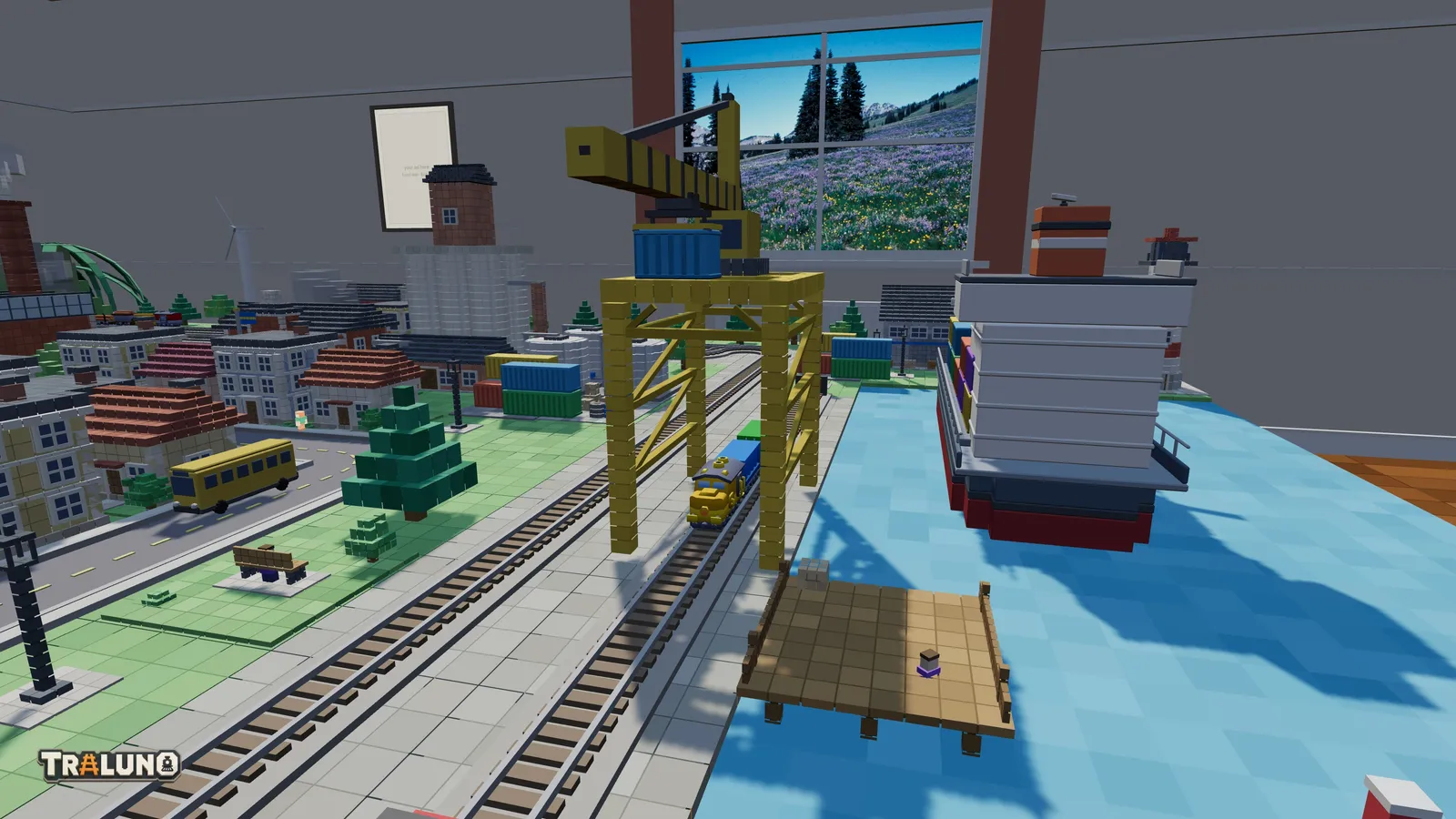 The yellow Harbor Crane straddling the quay track with a blue container lifted up under its trolley, the yellow Harbor Shunter and its container wagons standing beneath it, a cargo ship moored on the right and a wooden pier in the water.