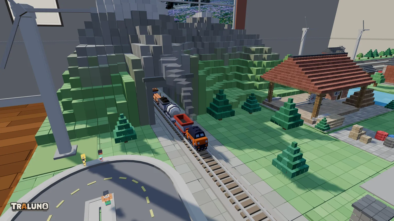 A goods train behind an orange diesel coming out of a stone tunnel portal in a blocky grey and green mountain, with pine trees beside the line and the open-sided sawmill on the right.