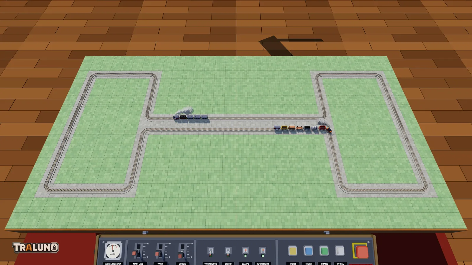 The dogbone: two bulbs joined by two parallel tracks through the middle, with the Steam Express and a freight train passing each other on them.