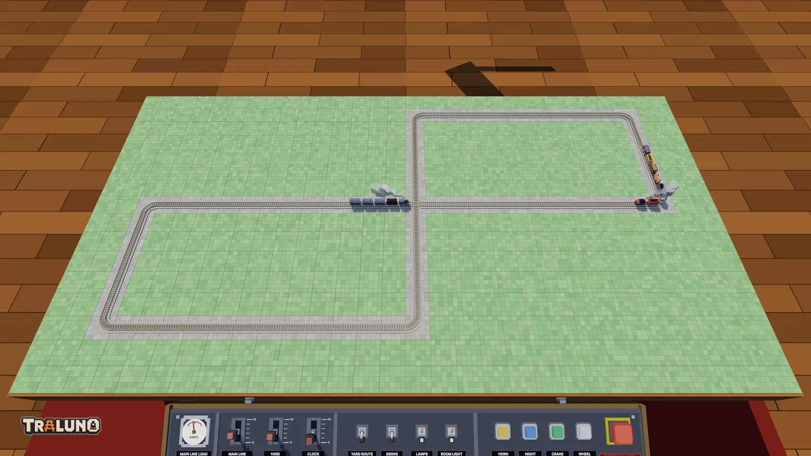 A figure eight with its two loops corner to corner, the Steam Express running towards the crossing and a freight train on the back right loop.
