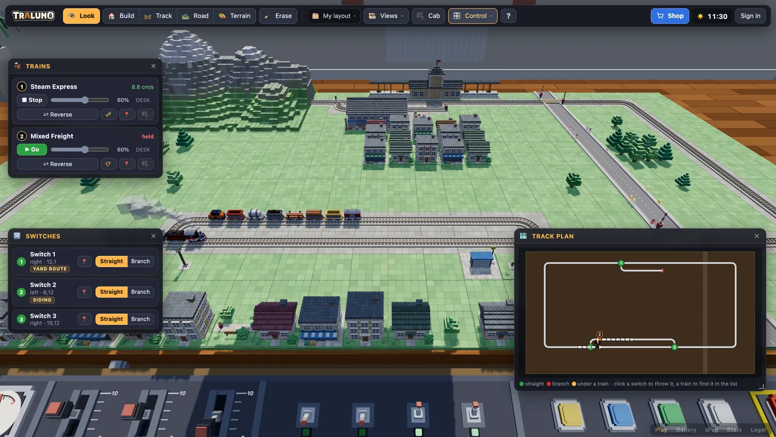 Three Control windows open over a simple layout: Trains lists the Steam Express running and the Mixed Freight held, Switches lists three turnouts set straight, and the Track plan draws the oval, the passing loop and the siding from above.