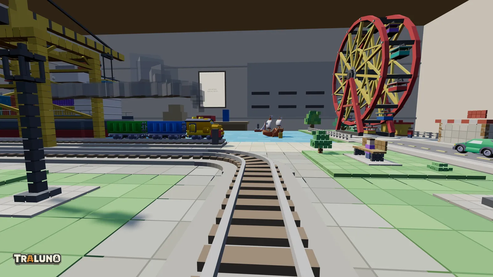 The view from the front of the Steam Express, the track ahead bending through a curve, with the harbour crane and a shunter on the left and the ferris wheel on the right