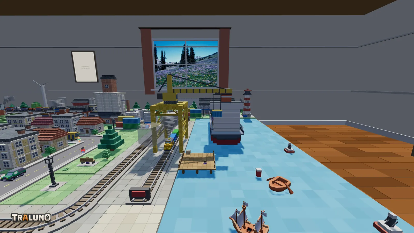 A high view from a ferris wheel gondola, looking out and down over the harbour: a container crane, a ship at the quay, small boats on the water and the hobby room's window beyond