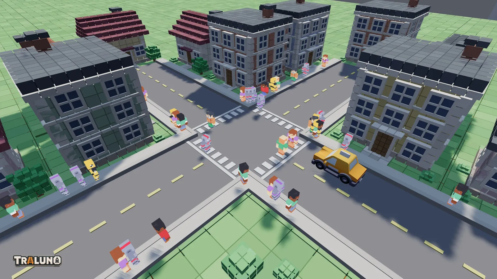 A busy crossroads from above, with people walking the footways on every corner, walkers out on the zebra crossings of two approaches, and a yellow taxi stopped short of the zebra on one of them.