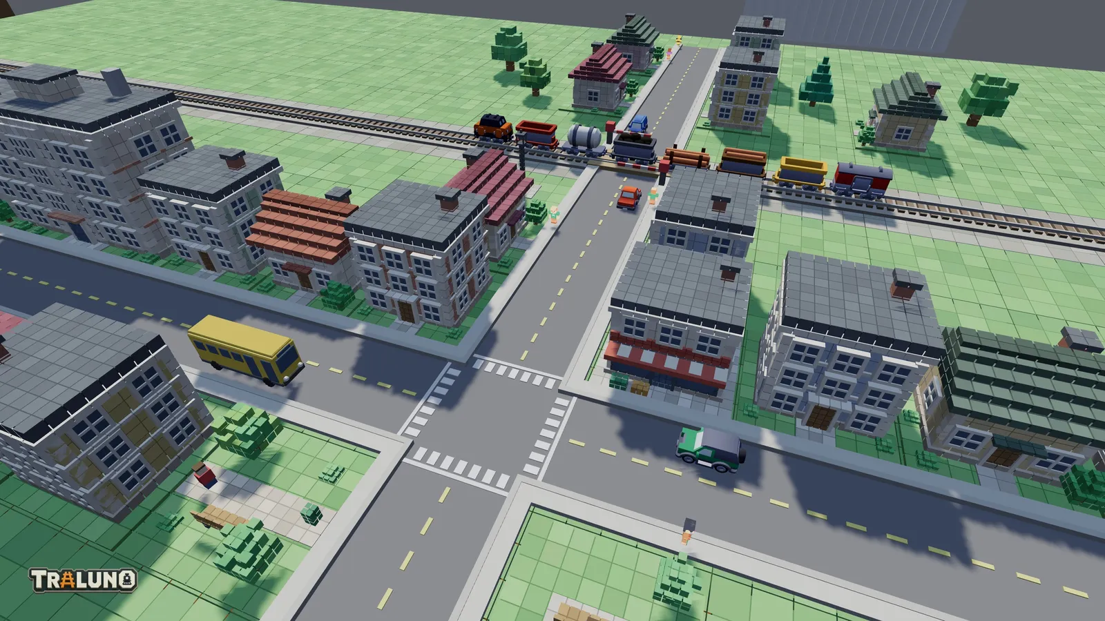 A town crossroads with a zebra crossing on each of its four approaches and kerbed footways round the corners, and up the side street a goods train standing on a level crossing with its booms down and a red car waiting.