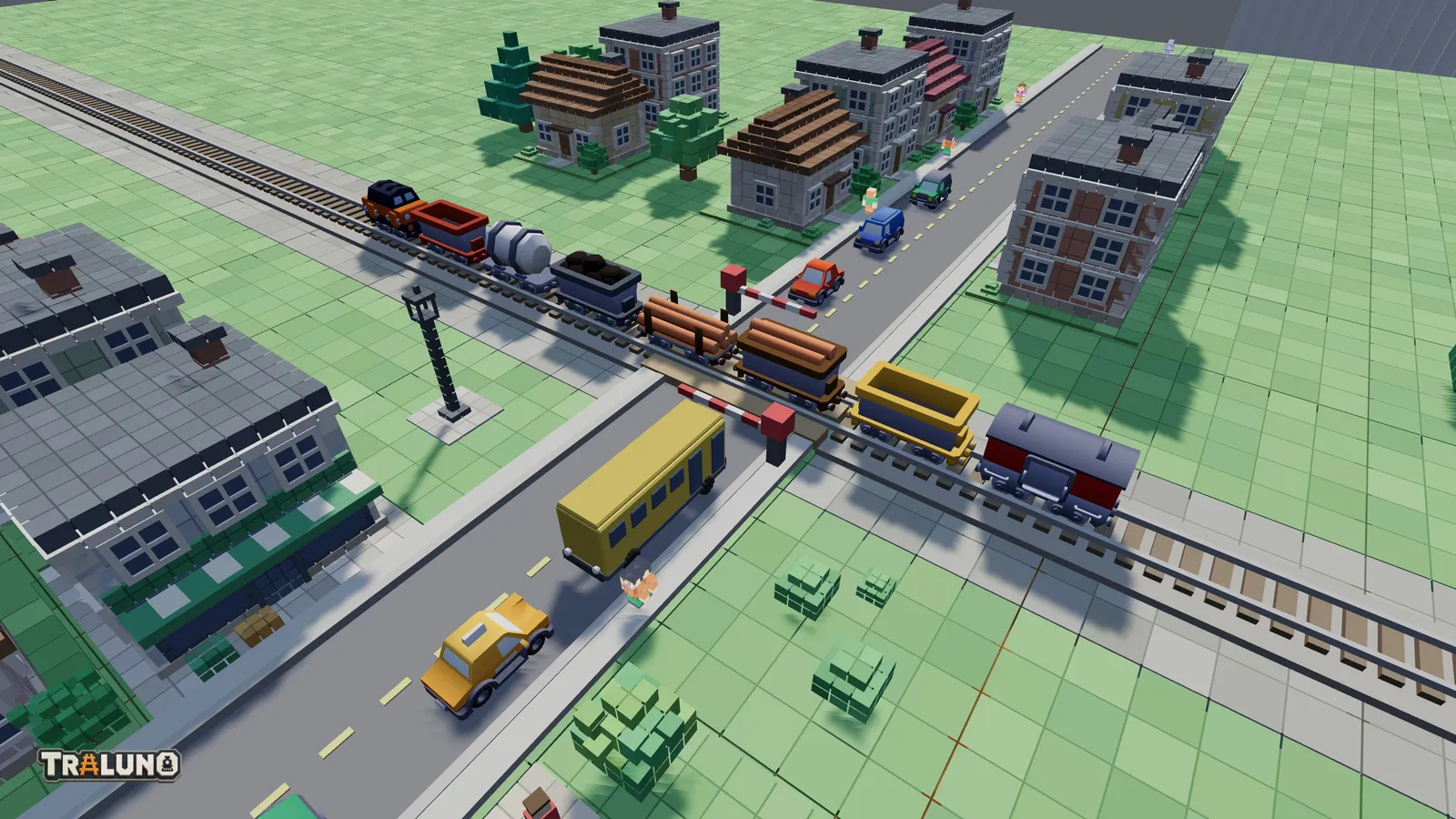 A level crossing on a town street with both booms down and a goods train across the road, a car, a van and an SUV queued on the far side and a bus and a taxi on the near side.