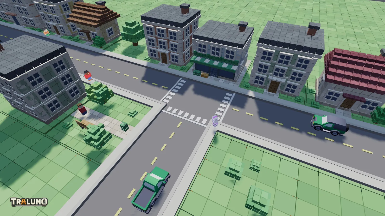 A T-junction seen from above at an angle, with zebra crossings on its two side approaches and on its stem, and along the closed side a footway running straight past from corner to corner, while a pickup truck comes up the stem and an SUV drives along the main street.