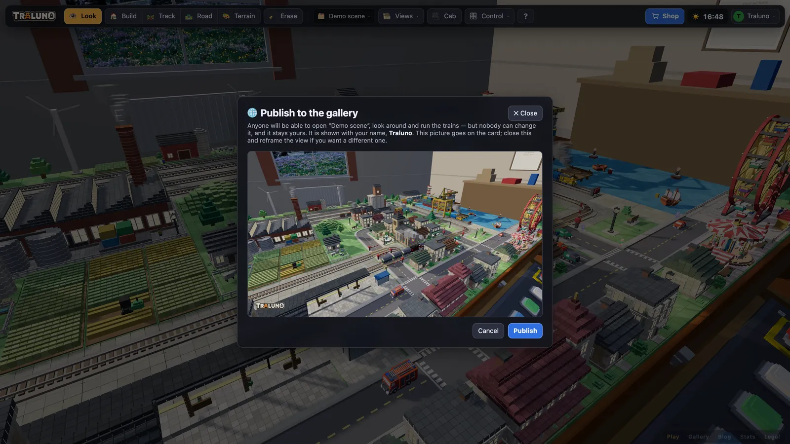 The Publish to the gallery dialog open over the game, with the picture that will go on the layout's card, a note that the card carries the owner's name, and the Cancel and Publish buttons.