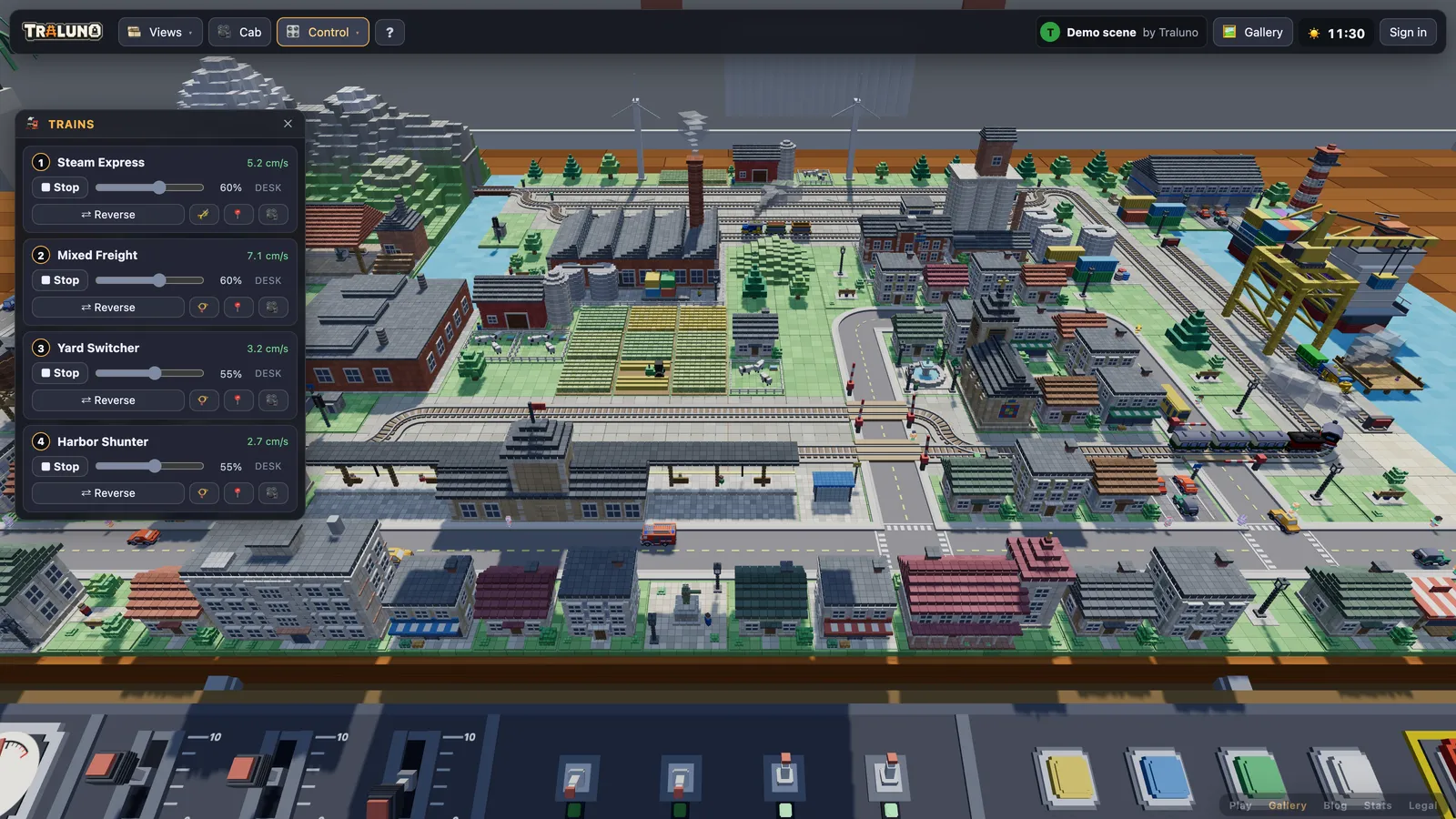 The demo scene opened from the gallery in view mode, seen from the front of the table: the top bar has Views, Cab and Control but no editing modes, a chip names the layout and its owner beside a Gallery button, and the Trains window on the left lists four trains with their throttles.
