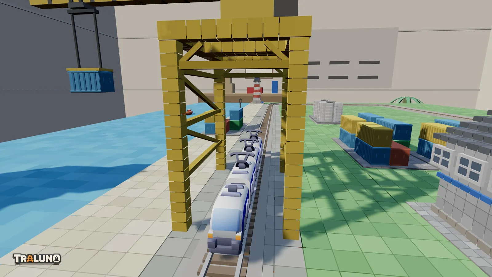 The Silver Streamliner under the harbour crane, seen along the track, its raised pantographs well below the end tie across the top of the crane.