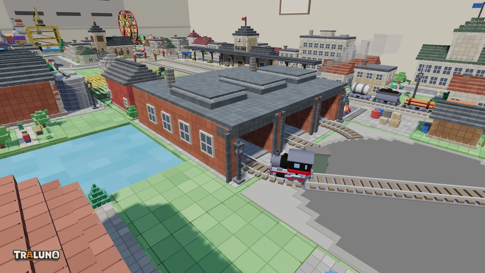 The turntable's steam engine at the doorway of the roundhouse's back stall, with the empty bridge lined up behind it