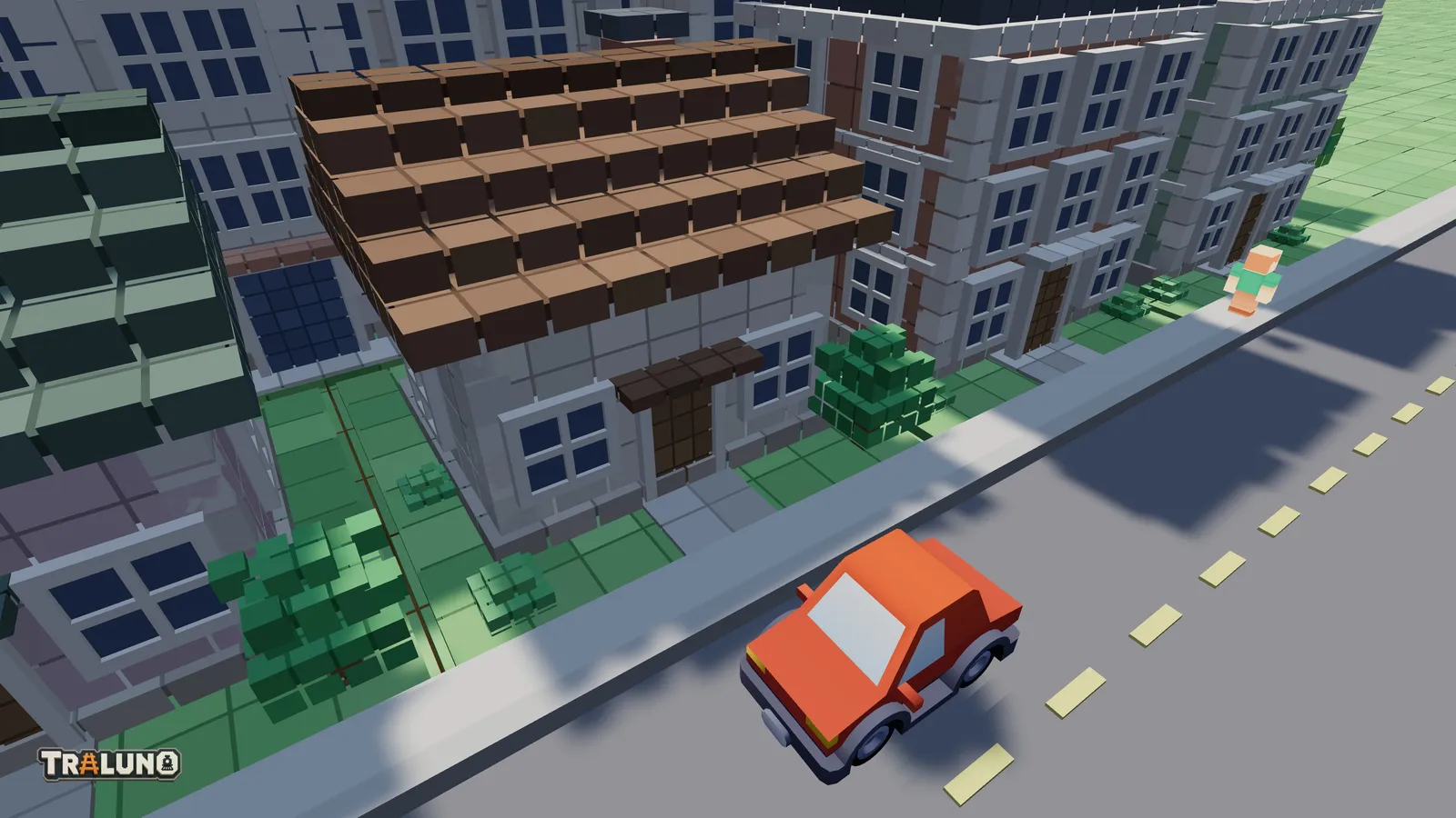A red car on a town street, one smooth moulded shape, in front of a cottage whose walls, roof tiles and bushes are all separate seamed blocks.