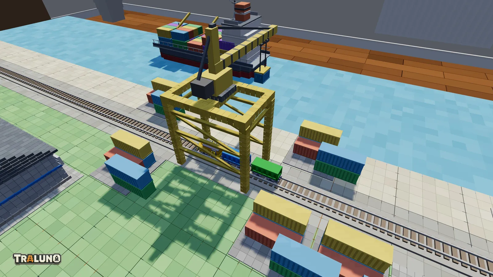 A Harbor Crane on a quay, its yellow legs, gantry and bracing laid in blocks with visible seams, straddling the line where the Harbor Shunter stands with its container wagons, among Container Stacks drawn as smooth ribbed boxes.