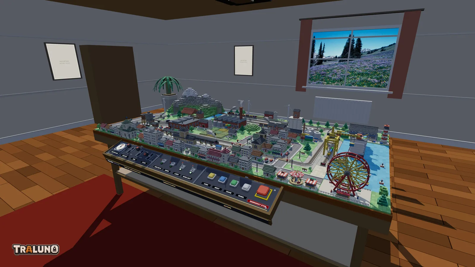 A Traluno layout on its wooden table in the hobby room, seen from a corner: the control desk along the front edge, a door and a window in the walls, a red rug and a plank floor.