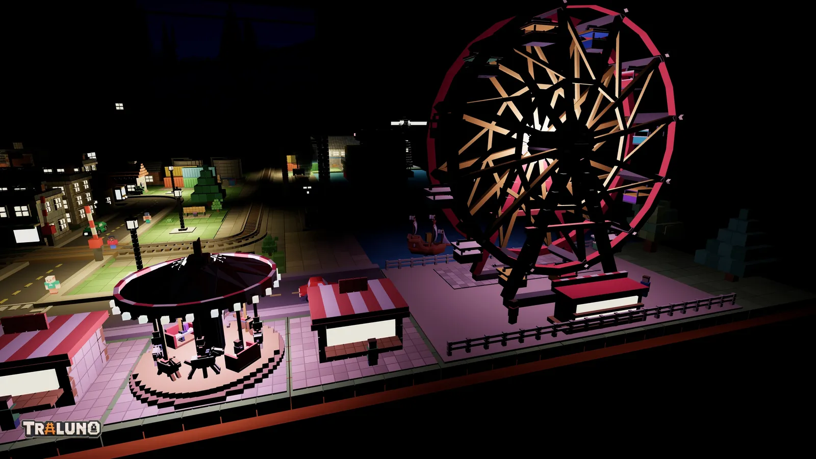 The fair at night with the room light off: the Carousel's canopy ringed with glowing bulbs, lit counters in the booths, and the Ferris Wheel's spokes lit from its hub while the caps on its rim stay dark.