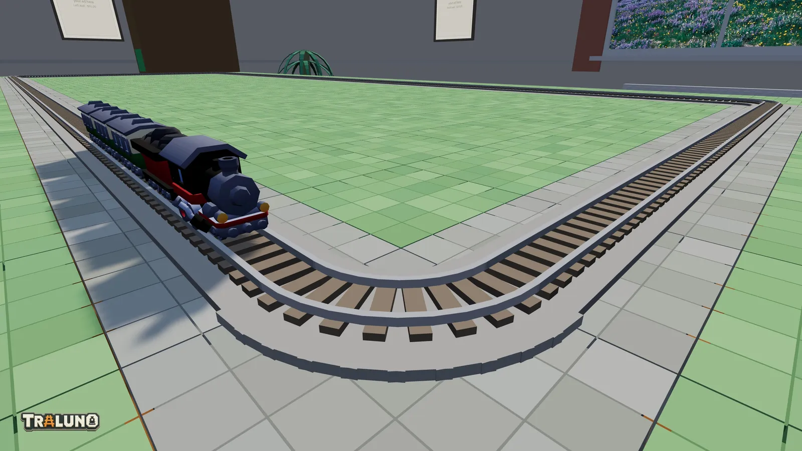 A close-up of a track curve at the corner of an oval, its rails and ballast swept round a quarter circle, with the Steam Express on the straight leading into it.