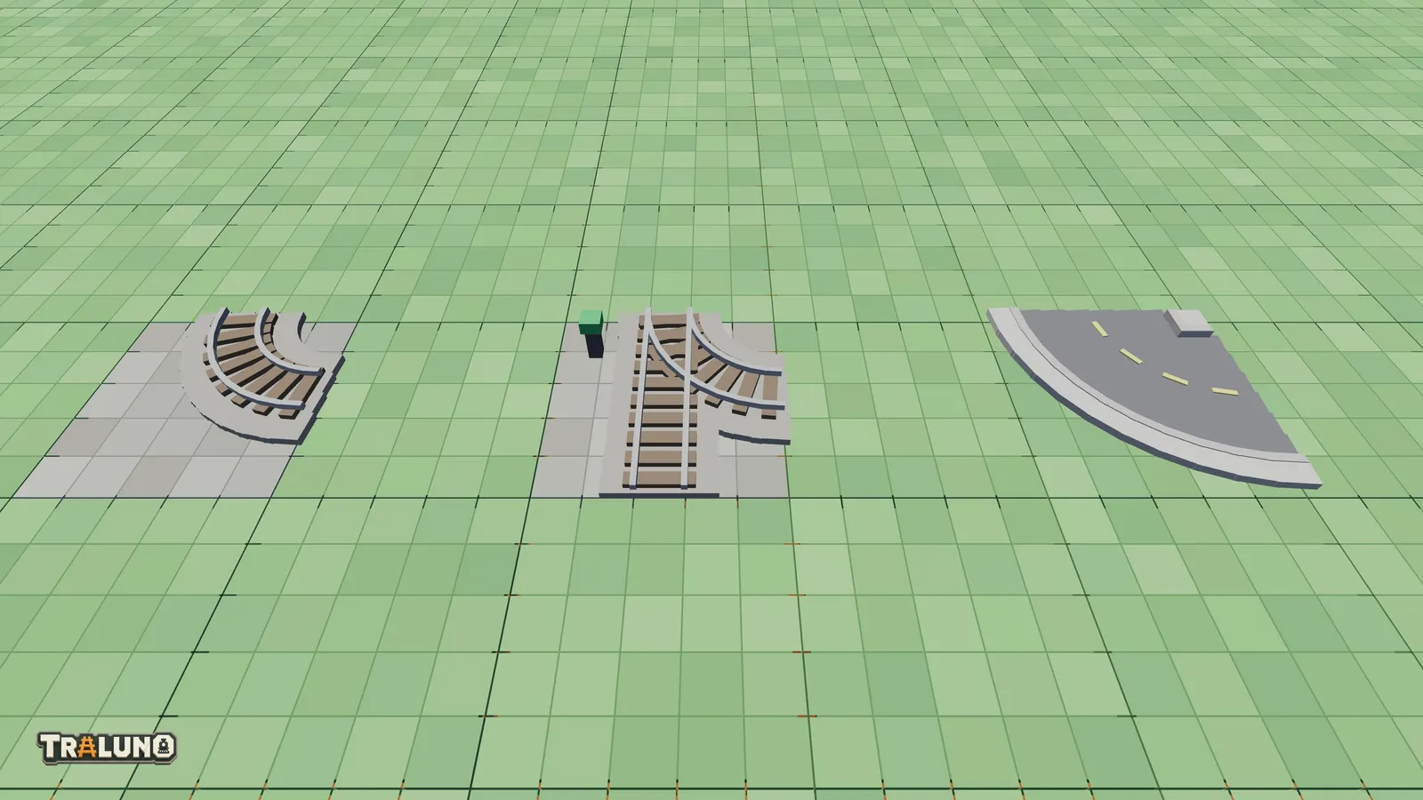 A track curve, a switch set to its branch and a street curve laid side by side, all turning through the same quarter circle.