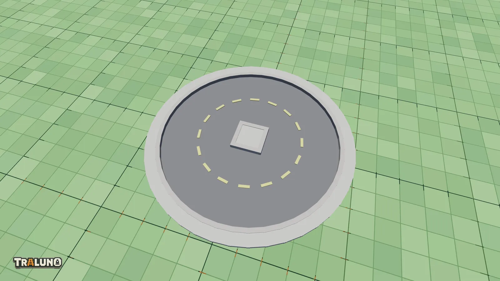 Four street curves meeting round one point to make a small ring of road, their inside corners closing round a small square island.