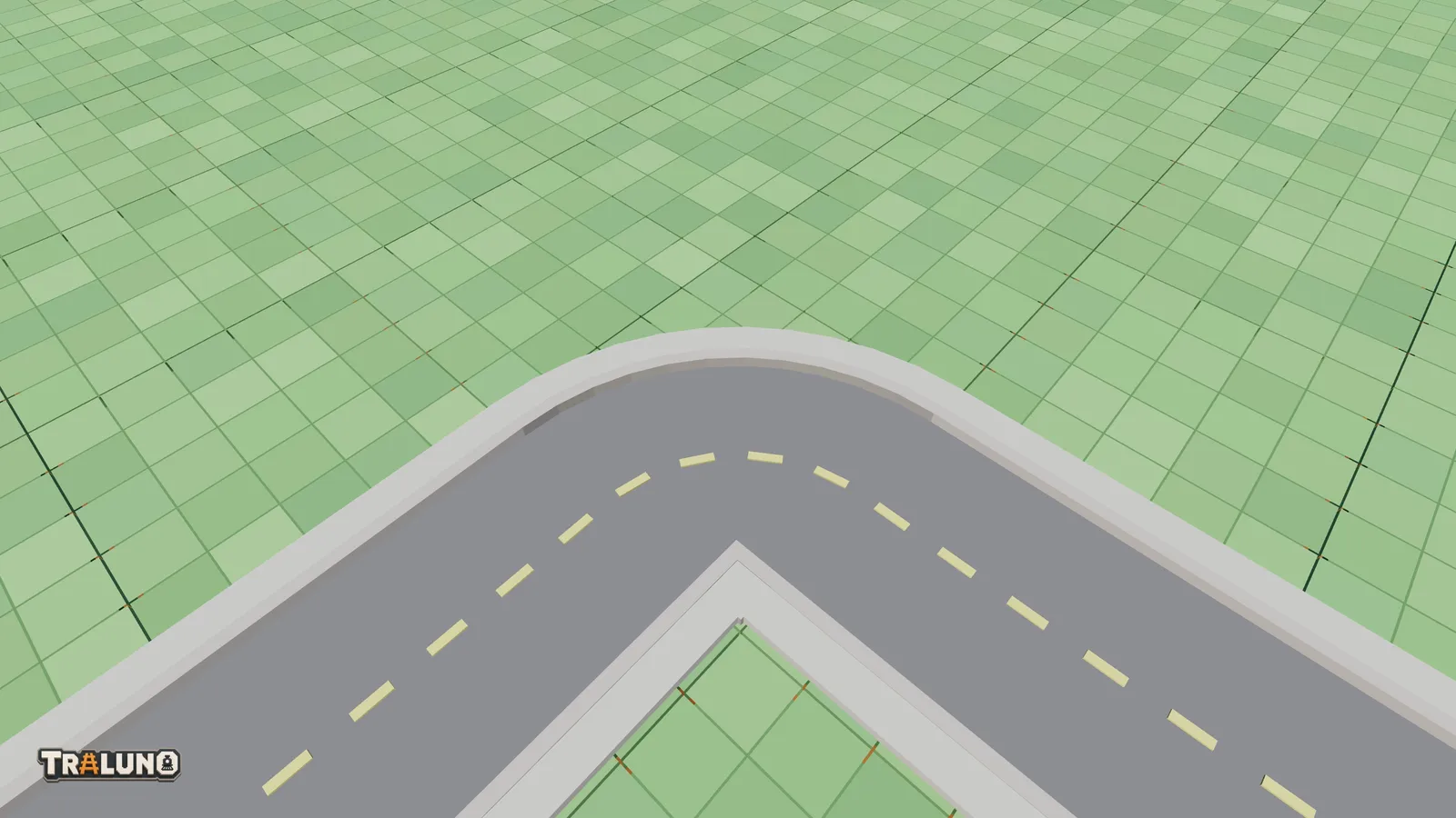 A street curve from above: the carriageway sweeps round the corner, while the footway on the inside is a square pad with its kerb in two straight runs.